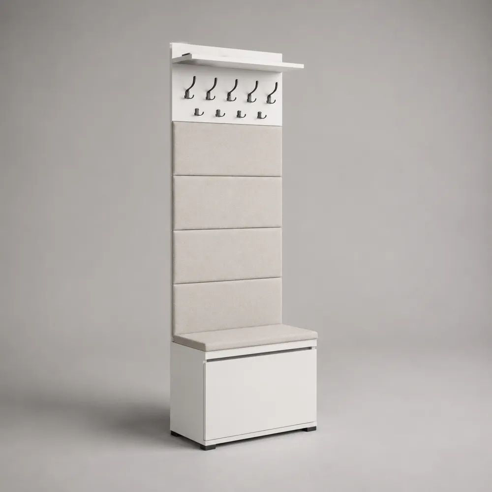 Meuble d’entrée en bois, métal et tissu avec banc rembourré, rangement à chaussures, 9 crochets et tablette, blanc et beige, 60 x 35 x 180 cm