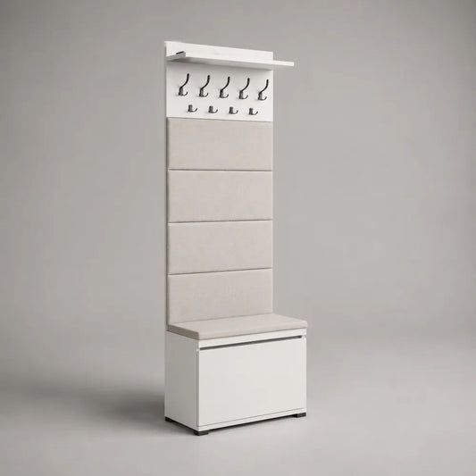 Meuble d’entrée en bois, métal et tissu avec banc rembourré, rangement à chaussures, 9 crochets et tablette, blanc et beige, 60 x 35 x 180 cm