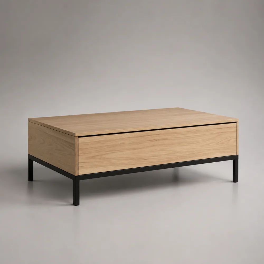 Table basse rectangulaire avec tiroir en bois et acier noir, chêne naturel, 100 × 55 × 45 cm