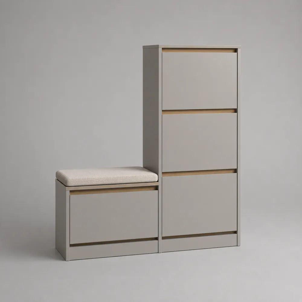 Ensemble de meubles à chaussures en bois avec banc rembourré, 4 portes abattantes, greige et beige clair, 100 × 35 × 150 cm