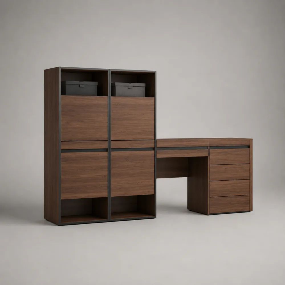 Ensemble 2 éléments meuble à chaussures et bureau avec 4 tiroirs en panneaux de particules, noyer et noir, 160 x 40 x 150 cm