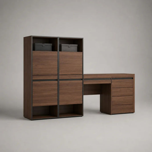 Ensemble 2 éléments meuble à chaussures et bureau avec 4 tiroirs en panneaux de particules, noyer et noir, 160 x 40 x 150 cm