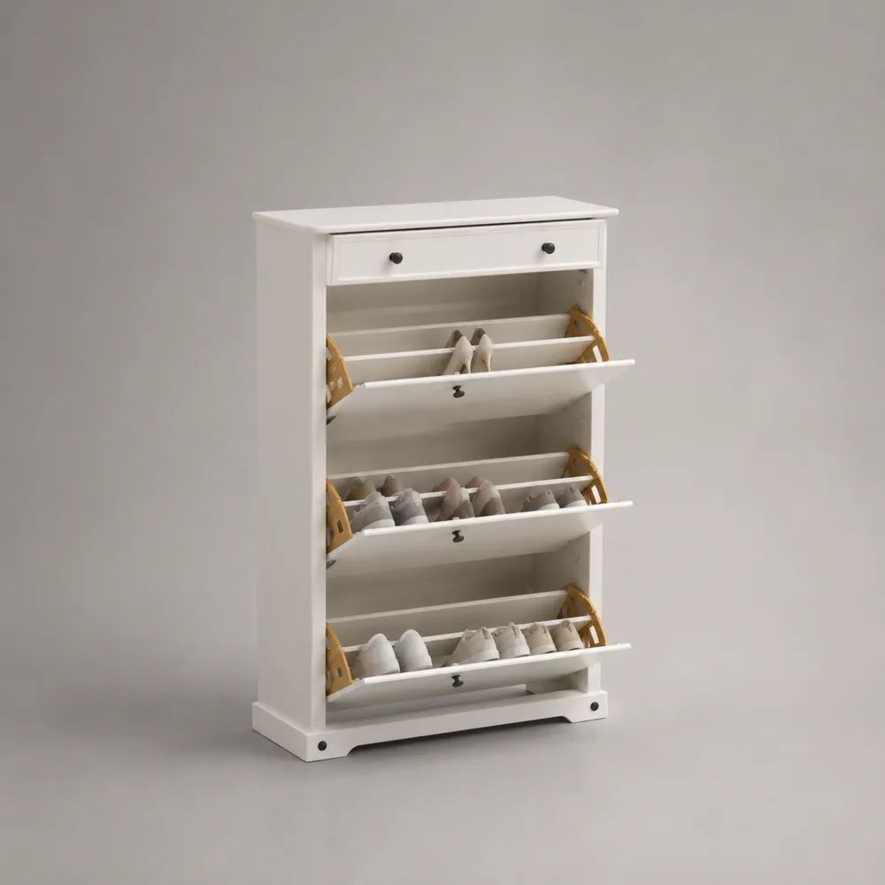 Meuble à chaussures en MDF blanc avec 3 abattants et 1 tiroir, 80 × 24 × 130 cm